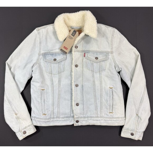 Levis Womens Sherpa Trucker Jacket Size Medium Light Wash Denim Snap Retro - Picture 1 of 16